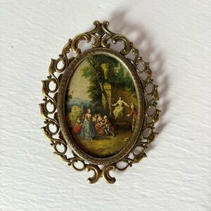 Vintage Oval Ornate Courting in the Courtyard Italy Framed Art